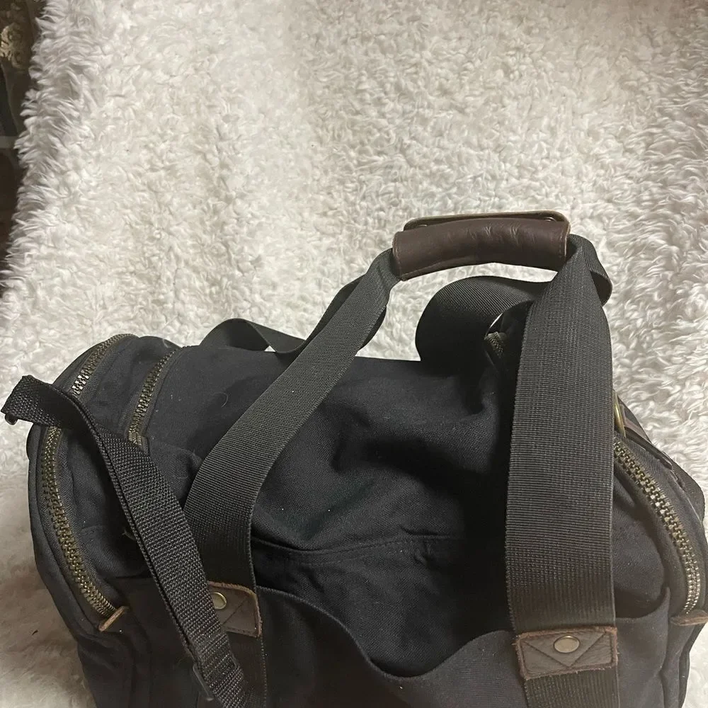 Eddie Bauer Premium Black Canvas brown Leather Duffle Weekender Bag